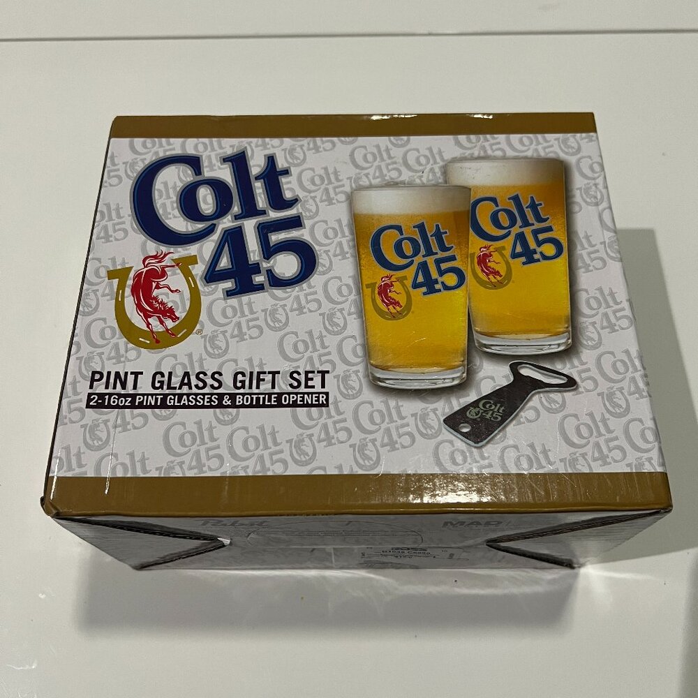 Colt 45 Glass (2) Pint Gift Set w Bottle Opener Pabst Beer Pints Drink Gift